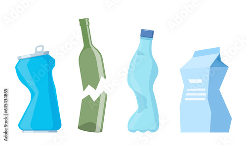 Paper, plastic, aluminium and glass items for recycling. Crushed bottle, can and paper bag. Garbage recycle concept. Vector illustration.