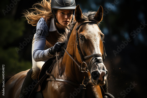 Equestrian Elegance. A show jumper and horse in mid-flight capture the harmony between athlete and animal. Generative Ai.