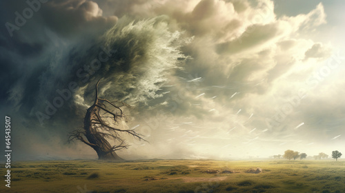 trees blown by strong winds approaching tornado, generative ai