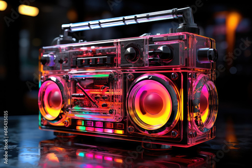 A close-up of a vintage boombox covered in neon-colored stickers, epitomizing the Y2K vibe and handmade aesthetics. Generative Ai.