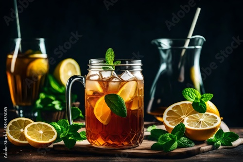 an image of a refreshing glass of iced tea with lemon slices and mint leaves - AI Generative