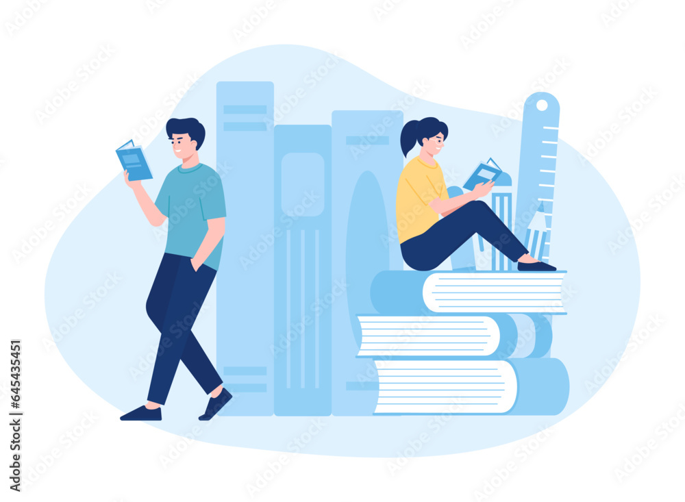 Students reading a book concept flat illustration Students reading a book concept flat illustration
