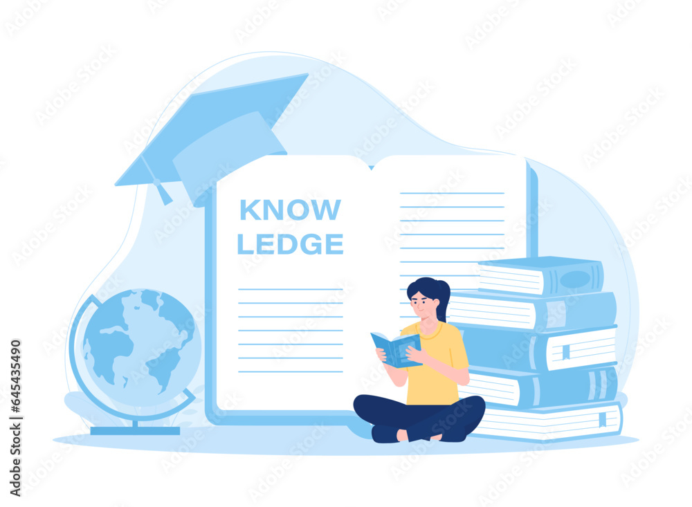Tiny student sitting on book pile and reading, glossary concept flat illustration Tiny student sitting on book pile and reading, glossary concept flat illustration