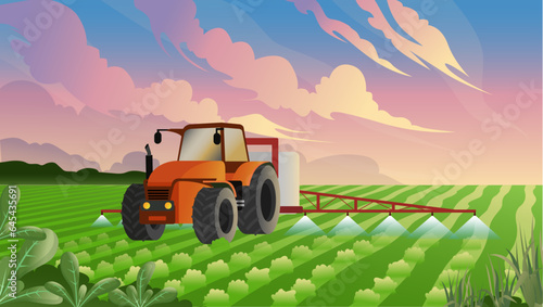 Tractor spraying pesticides on farm field with sprayer machine vector illustration, agricultural industry website concept