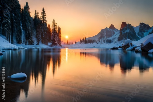 sunrise over the lakewith trees around 