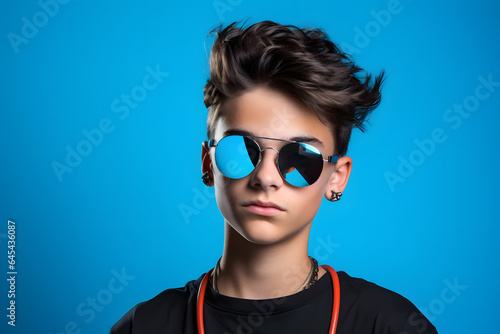 Colorful studio portrait of a cool teenager boy with age specific outfit and accessories. Bold, vibrant and minimalist. Generative AI