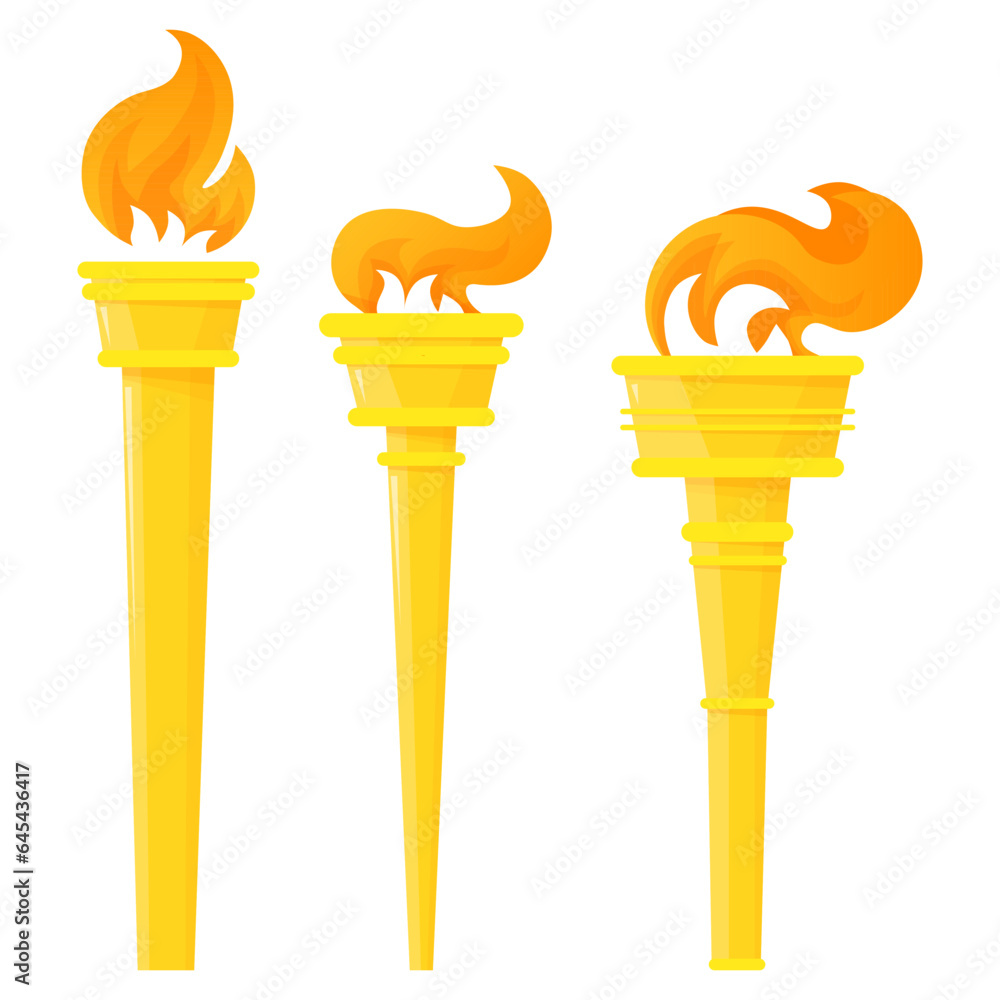 Set of golden torches with fire