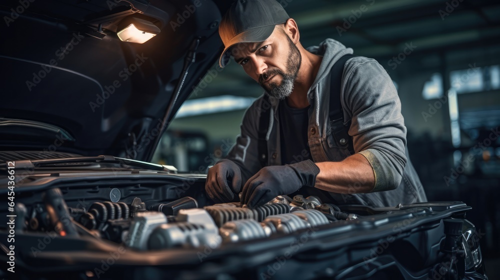 Handsome mechanic working on a vehicle in a car repair service Handsome mechanic working on a vehicle in a car repair service