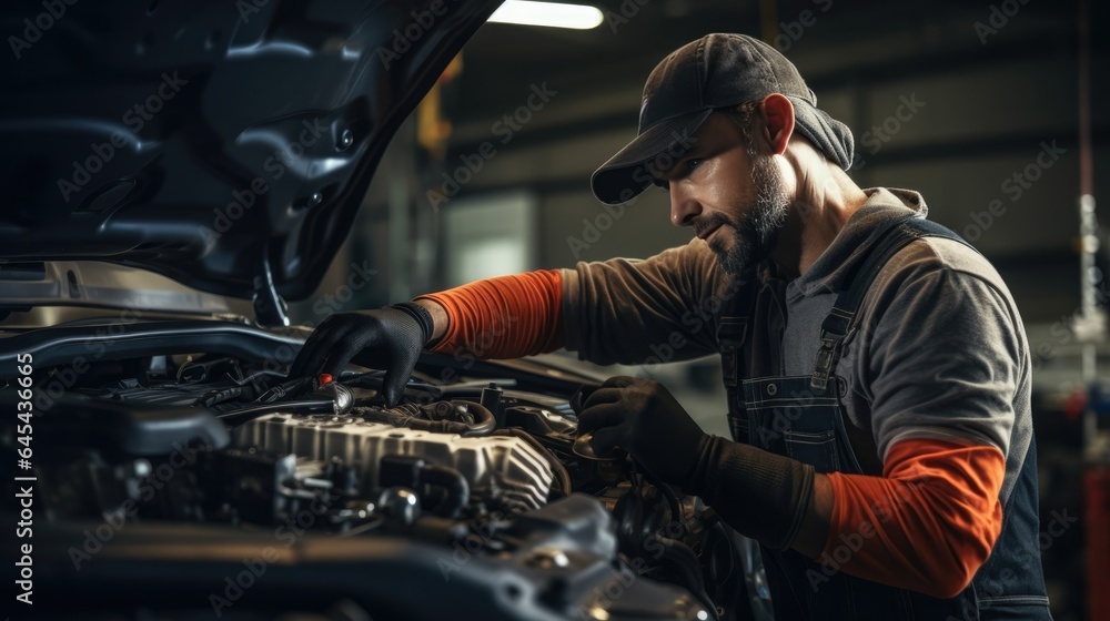Handsome mechanic working on a vehicle in a car repair service