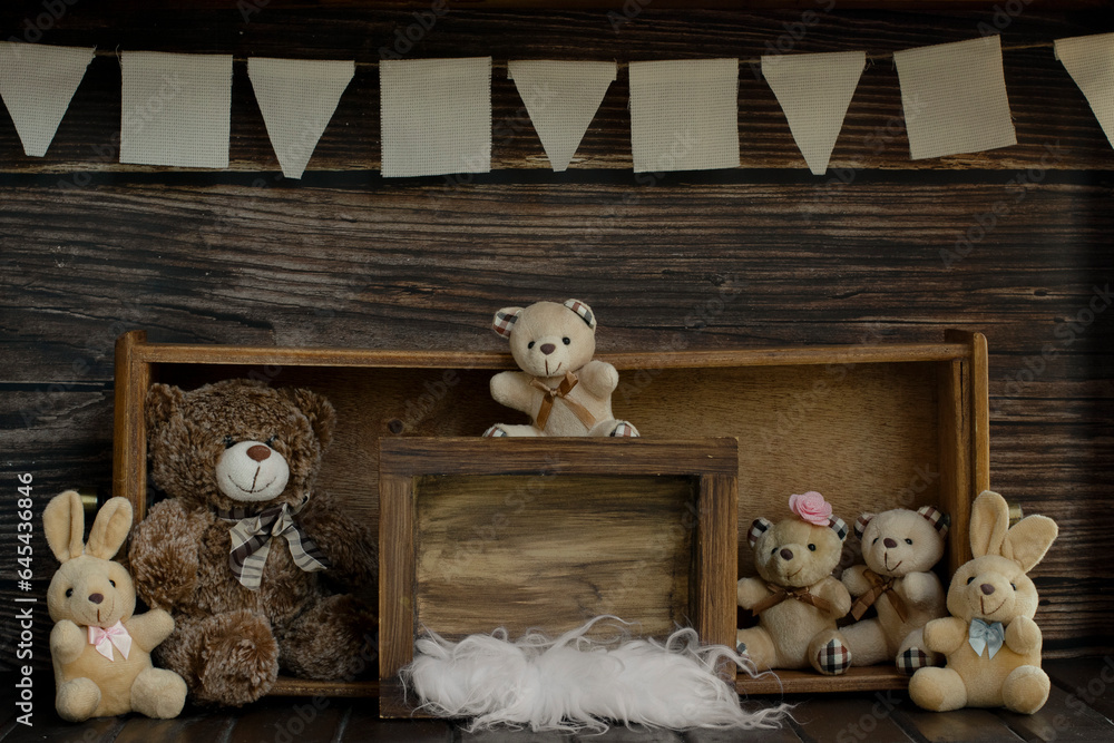 Newborn digital backdrop with wooden rustic boxes, teddy bear, bunny and baby space. Newborn background. Front view.