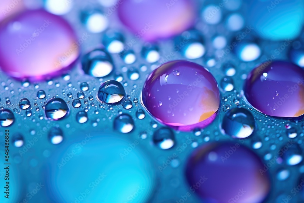 Glassy smooth water bubble droplets of various sizes reflecting bright illuminating light from behind, spectacular macro texture  background image - generative AI 