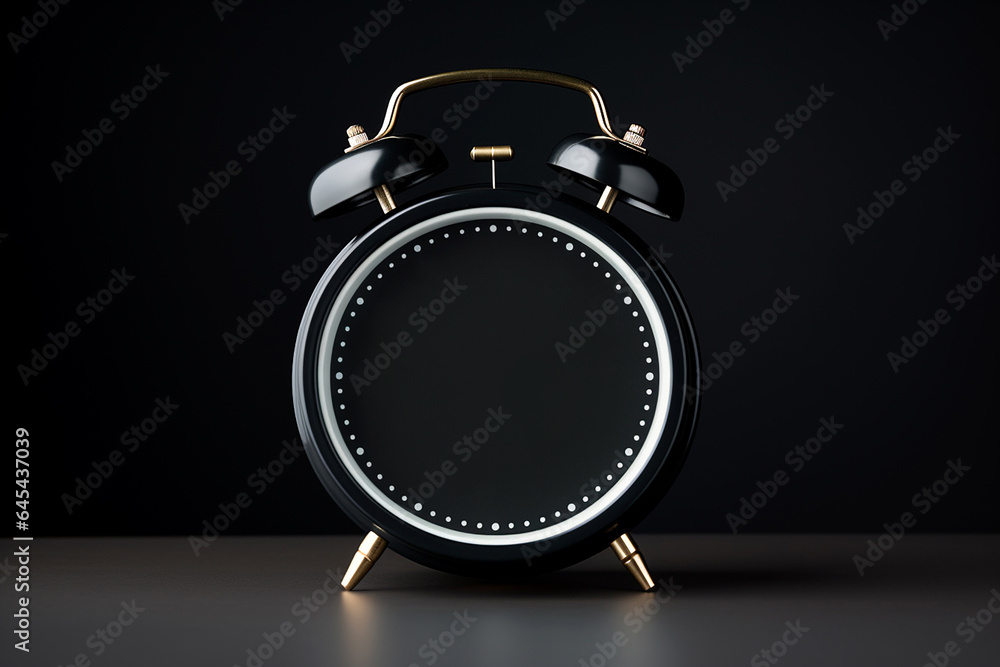 Retro alarm clock with empty clock face on black background. Black friday sale mockup. Limited time offer, sales, promotion, countdown, Christmas shopping season, copy space for text - obrazy, fototapety, plakaty 