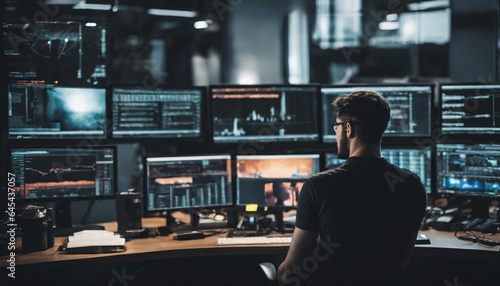 Service Desk Cybersecurity Expert Working On Multiple Monitors Data Networking Operations Center photo