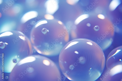 Glassy smooth water bubble droplets of various sizes reflecting bright illuminating light from behind, spectacular macro texture background image - generative AI 