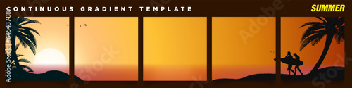 5 Golden Beach Sunset Continuous Gradient Background with silhouettes of two surfers with surfboard and coconut trees. Perfect for designs, feeds, social media, banners. Vector Illustration.