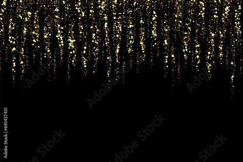 Gold glitter texture on black background. Golden dots background. Festive background element.