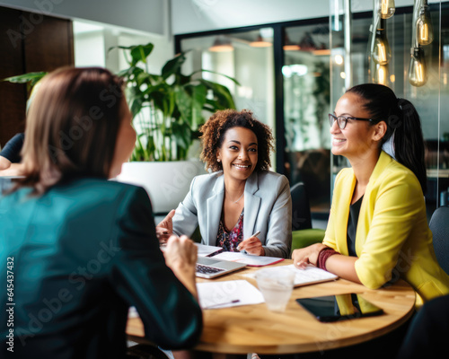 A diverse group of Black, White, Hispanic, and mixed individuals collaborate in a business meeting. Ideal for themes of workplace diversity, teamwork, and professional success.