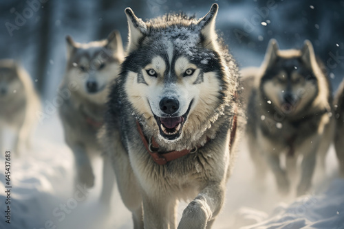 A person enjoys the rush of dog sledding, steering a team of enthusiastic huskies through a snow-covered trail. Generative Ai.