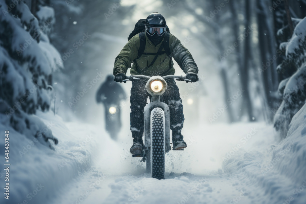 Naklejka premium A person navigates through a snow-covered forest on a fat bike, blending the joy of cycling with the thrill of winter adventure. Generative Ai.