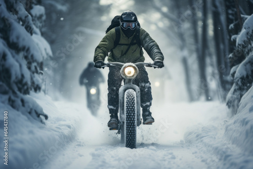 A person navigates through a snow-covered forest on a fat bike, blending the joy of cycling with the thrill of winter adventure. Generative Ai. © Sebastian