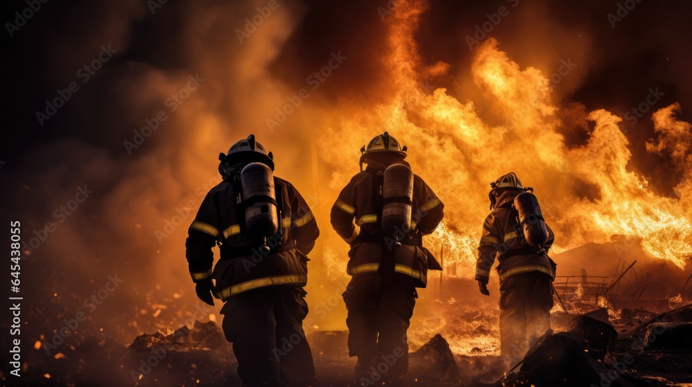 Group of firefighters fighting a fire in the midst of fire and smoke. Group of firefighters fighting a fire in the midst of fire and smoke.