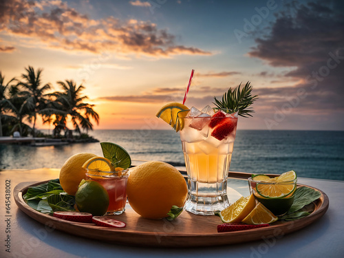 Various cocktails, sea view, sunset