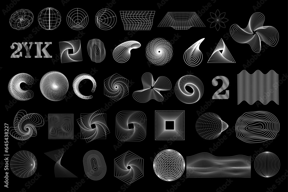 Set of white outline abstract y2k geometric wireframe elements, shapes. Retro elements