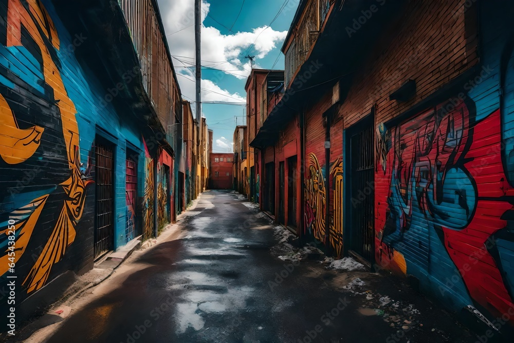 Naklejka premium an urban alleyway bursting with vibrant and evocative street art - AI Generative