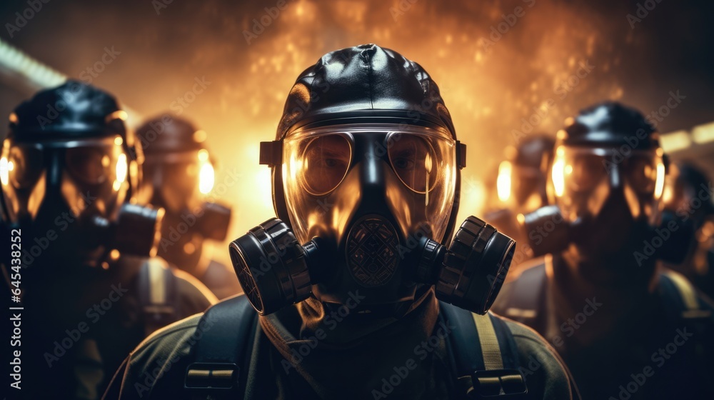 Group of firefighters fighting a fire in the midst of fire and smoke. Group of firefighters fighting a fire in the midst of fire and smoke.