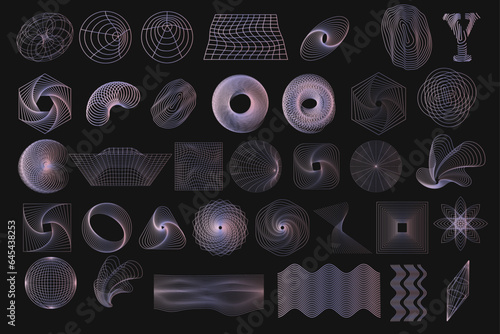Set of gradient abstract y2k geometric wireframe elements, shapes. Retro elements