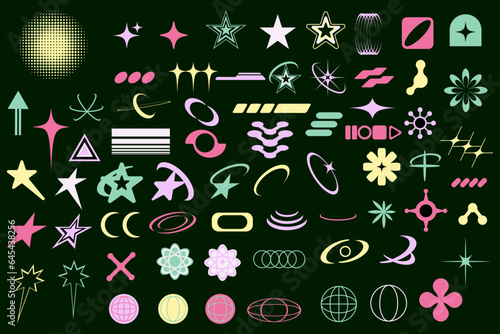 Set of abstract y2k geometric elements and shapes.  Retro line design elements.