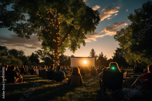 A community park hosts outdoor movie nights, turning a grassy area into an inviting third space for families and friends. Generative Ai.