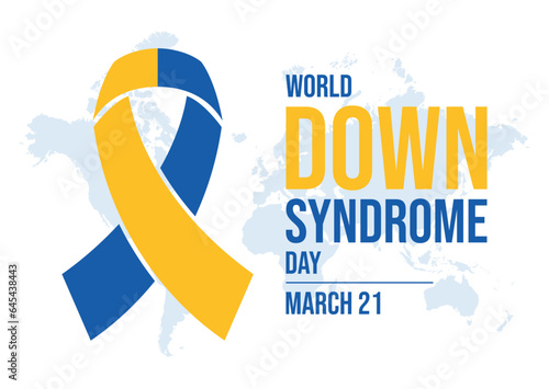 World Down Syndrome Day vector illustration. Blue and yellow awareness ribbon and world map icon vector. March 21 every year. Important day
