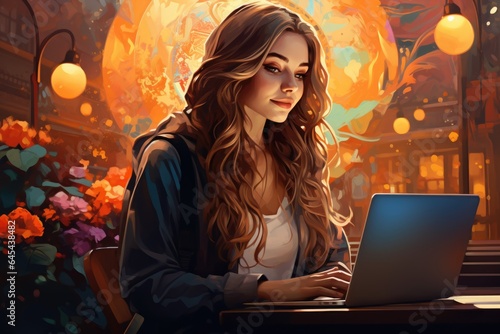 woman designer working on computer , night time, AI Generated