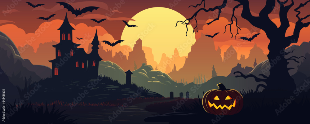 Halloween poster. Halloween pumpkins, bats, cemetery, trees and a scary castle against the backdrop of a big orange moon. Beautiful and scary festive flyer, poster or banner.