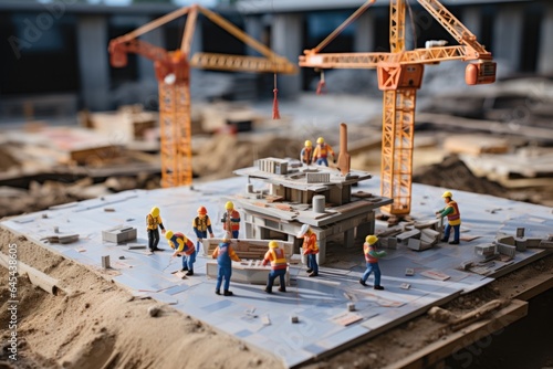 Miniature construction worker figures working in miniature construction