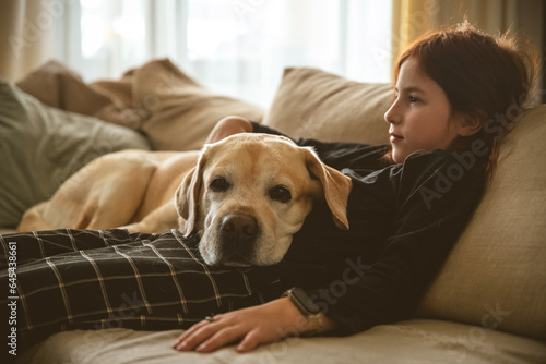 A girl with her Labrador on the couch. friendship, pet