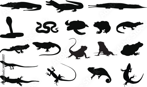 Set of reptile vector silhouettes, isolated on white background