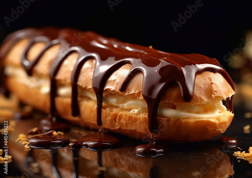 Vanilla cream and chocolate eclair on black.Macro.AI Generative