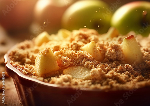 Sweet crumble cake with apples and cinnamon on table.Macro.AI generative photo