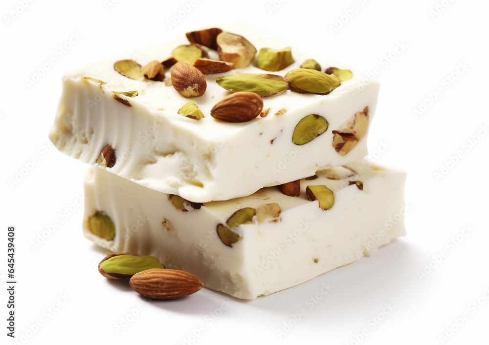 Almonds and pistachios french nougat dessert on white background.Macro.AI Generative