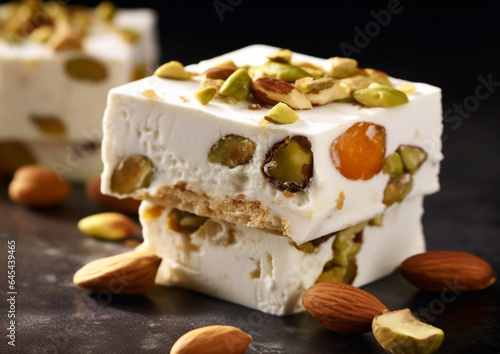 French nougat dessert with various nuts on black background.Macro.AI Generative