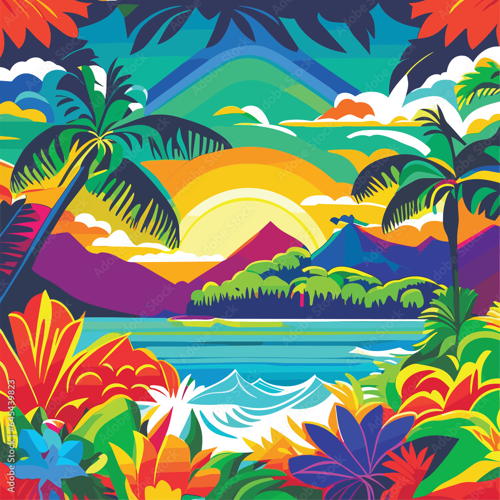 Celebrate the vibrant spirit of the Aloha State with a colorful and whimsical pattern that captures illustration beach generative AI