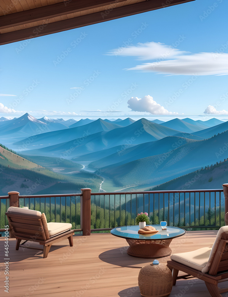  Mountain View: A high vantage point overlooking majestic mountain ranges and valleys, providing a sense of grandeur and inspiration.