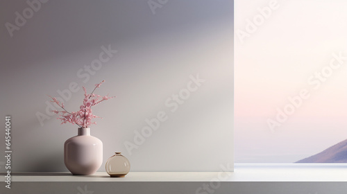 a white wall and a floor on which there are two vases and nothing else, the wall goes to a ledge to the street with a view of the landscape