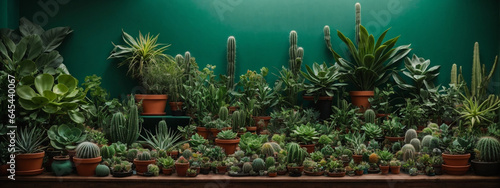 Home Garden Jungle: Stylish Composition of Beautiful Plants, Cacti, Succulents, and Air Plants in Various Design Pots, Enhanced by Green Wall Paneling. A Template for Home Gardening Enthusiasts. © @uniturehd