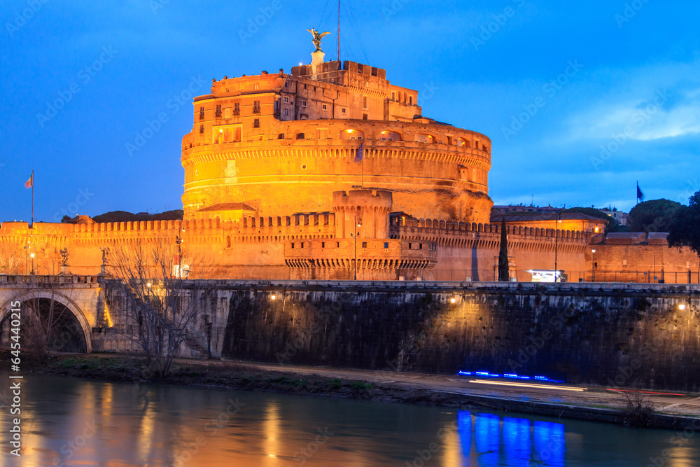 Night view of Mausoleum of Hadrian, known as Castel Sant Angelo (Castle of the Holy Angel) in Rome, Italy