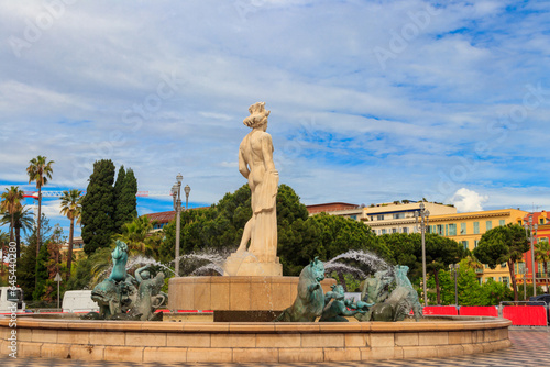 Famous Fontaine du Soleil  Fountain of the Sun  in Place Massena in Nice  France