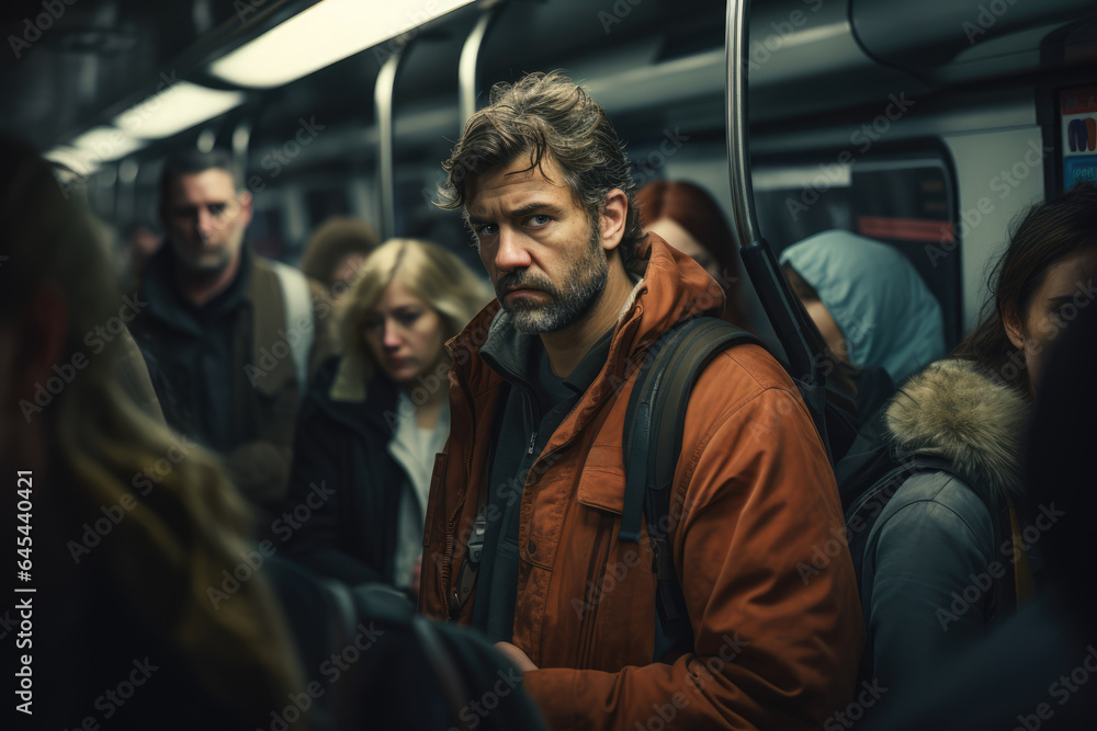 A diverse group of people commuting in a crowded subway, depicting the challenges of urban transportation. Generative Ai. A diverse group of people commuting in a crowded subway, depicting the challenges of urban transportation. Generative Ai.