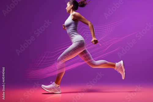 Side view female athletic runner, run data analysis concept, purple background, detail, close up, legs.